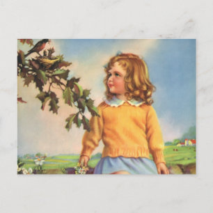 Vintage Girl Watching Birds in a Tree, Spring Postcard