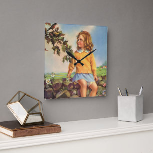 Vintage Girl Watching Birds in a Tree, Spring Square Wall Clock