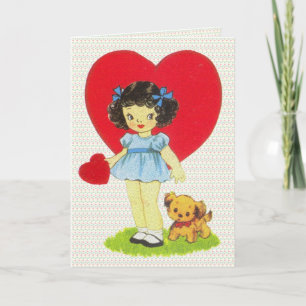 Vintage Girl with a Puppy Valentine Holiday Card