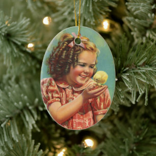 Vintage Girl with Baby Chick, Happy Child Smiling Ceramic Ornament