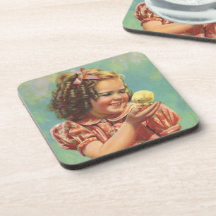 Vintage Girl with Baby Chick, Happy Child Smiling Coaster