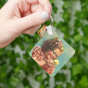 Vintage Girl with Baby Chick, Happy Child Smiling Keychain
