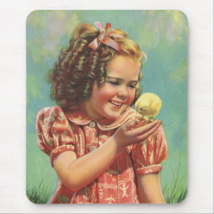 Vintage Girl with Baby Chick, Happy Child Smiling Mouse Pad