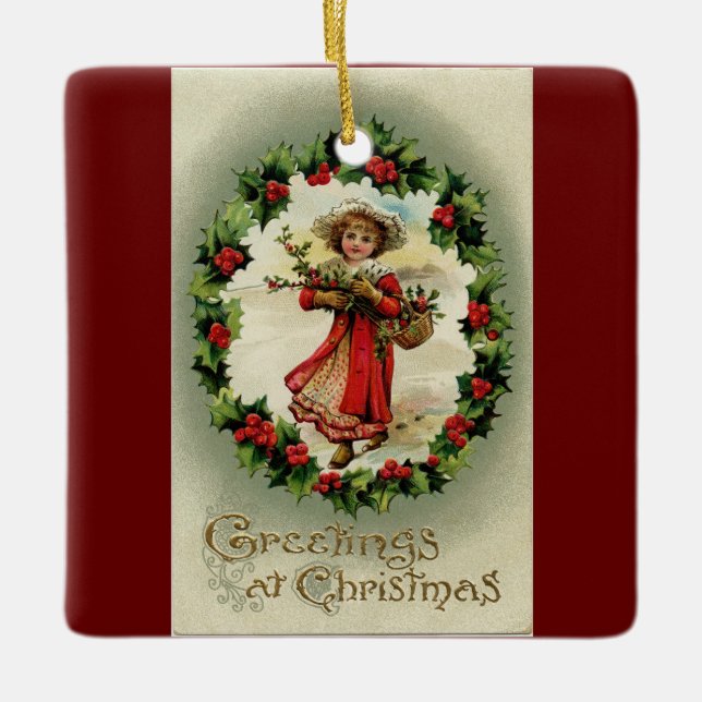 Vintage Girl With Basket Ceramic Ornament (Front)