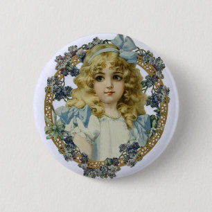 Vintage Girl with Beautiful Flowers and Bow 2 Inch Round Button