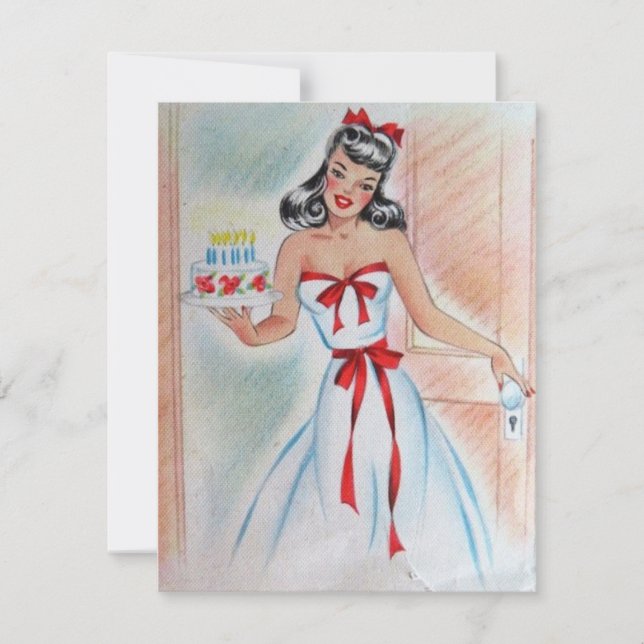 Vintage Girl With Birthday Cake Holiday Card (Front)