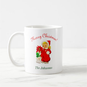 Vintage Girl With Bunny Christmas Coffee Mug Cup