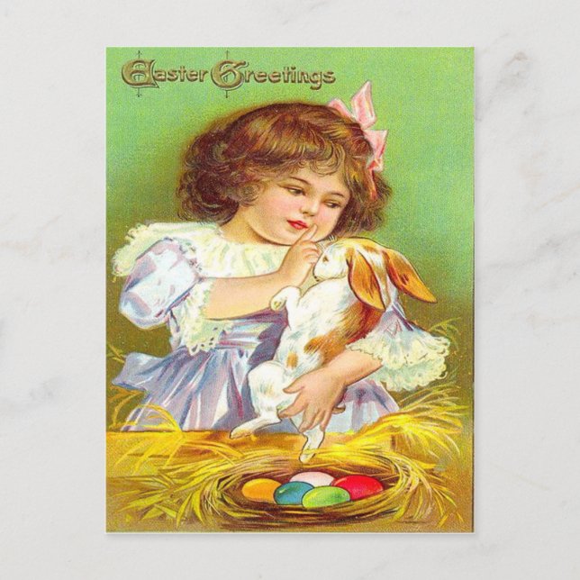 Vintage Girl With Bunny & Easter Eggs Easter Card (Front)