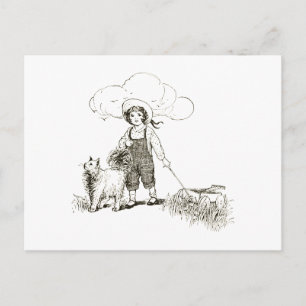 Vintage Girl with Cat and Wagon Postcard