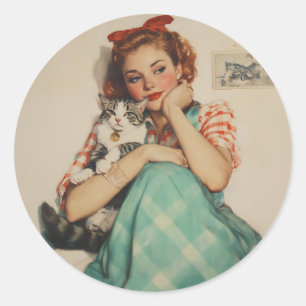 Vintage Girl with Cat Classic Round Sticker