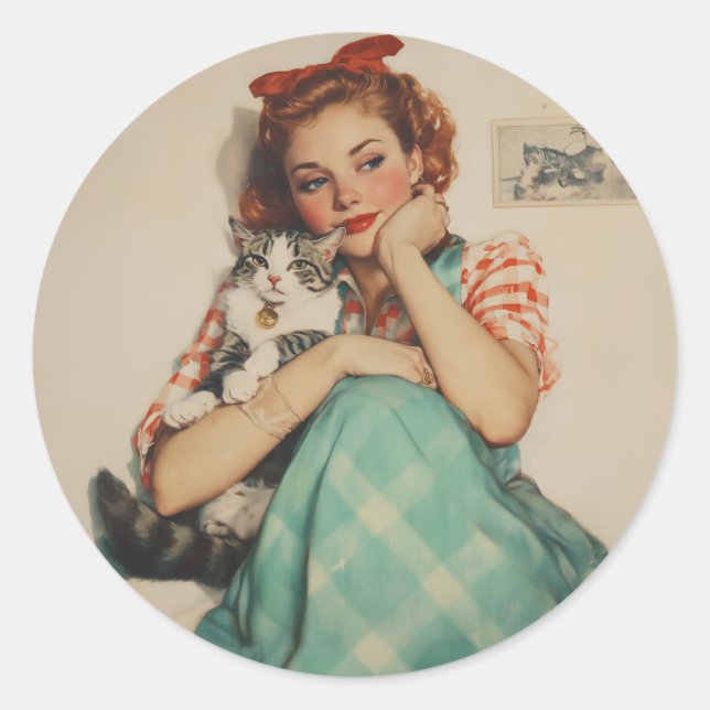Vintage Girl with Cat Classic Round Sticker (Front)