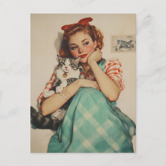 Vintage Girl with Cat Postcard (Front)
