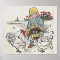Vintage Girl With Chickens, E is an Egg