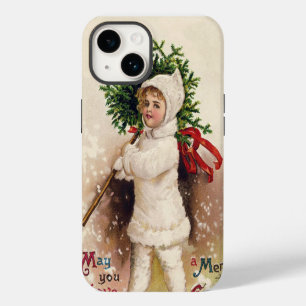 Vintage Girl with Christmas Tree, Ellen Clapsaddle iPhone 14 Case