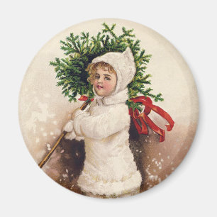 Vintage Girl with Christmas Tree, Ellen Clapsaddle Magnet