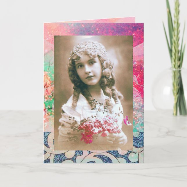 VINTAGE GIRL WITH FLOWERS HOLIDAY CARD (Front)