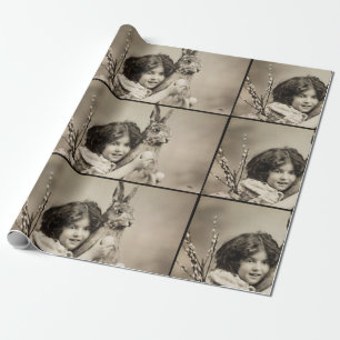 Vintage girl with giant Easter bunny Wrapping Paper