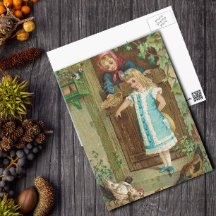 Vintage Girl With Mother Feeding Chickens Postcard