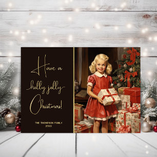 Vintage girl with presents by a Christmas tree Holiday Card