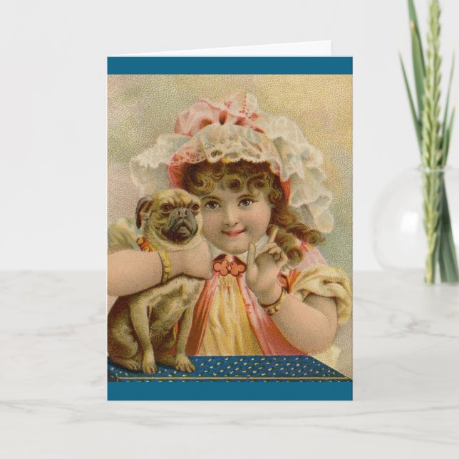 Vintage Girl With Pug Greeting Card (Front)