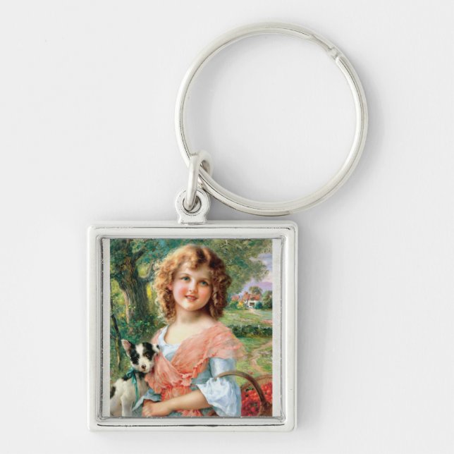 Vintage Girl With Puppy Keychain (Front)