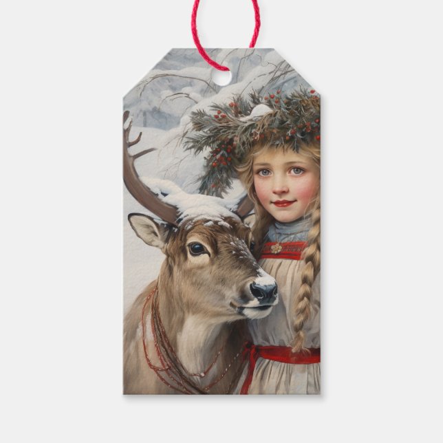 Vintage Girl with Reindeer Gift Tags (Front)