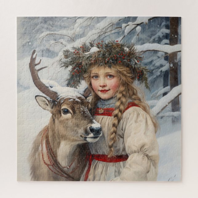 Vintage Girl with Reindeer Jigsaw Puzzle (Vertical)