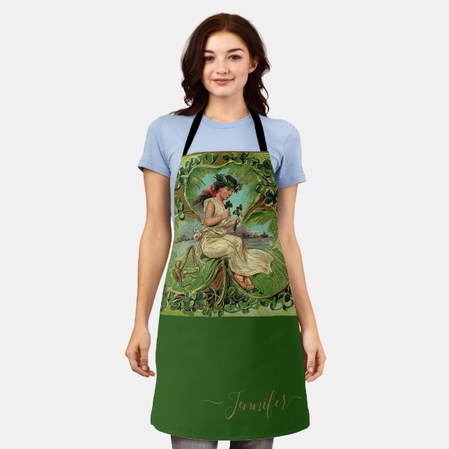 Vintage Girl with Shamrocks Personalized Happy Apron (Worn)
