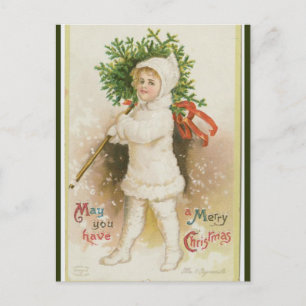 Vintage Girl With Tree Christmas Postcard