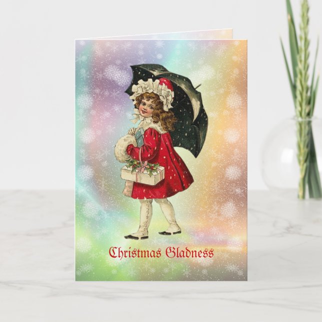 Vintage Girl with umbrella Christmas Card (Front)