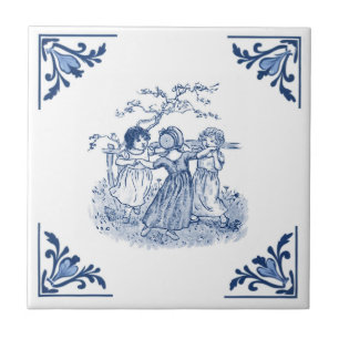 Vintage Girls Dancing Ring Delft Blue & White Tile