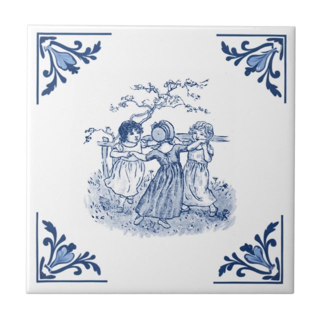 Vintage Girls Dancing Ring  Delft Blue & White Tile (Front)