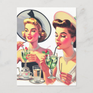 Vintage Girls Drink Illustration Postcard