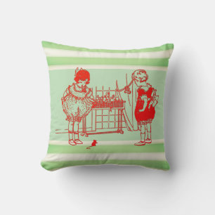 Vintage Girls Playing with Mouse Green and White Throw Pillow