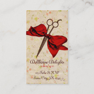 vintage girly hair stylist floral red bow shears loyalty card