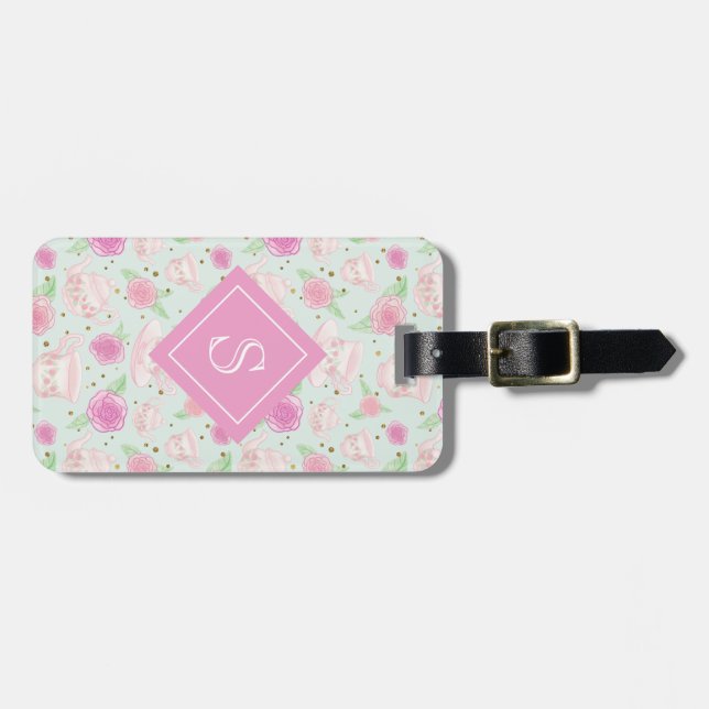 Vintage Girly Tea Cups Monogram Luggage Tag (Front Horizontal)