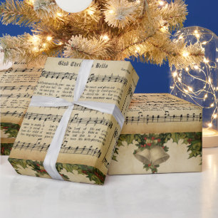 Vintage Glad Christmas Bells Carol Script Print Wrapping Paper