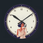Vintage Glam 1920s Singer Girl Navy Blue Round Clock<br><div class="desc">Vintage twenties style with this illustration of a 1920s glamorous lady singer,  with a cream backdrop and a navy blue around the edge,  with numbers and minutes. Also available as square.</div>