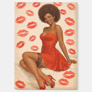 Vintage Glam Afro Pin-Up Art with Lipstick Kisses Magnet