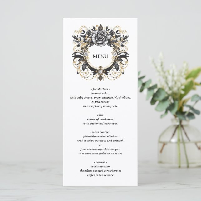 Vintage Glam Floral Wedding Menu (Standing Front)