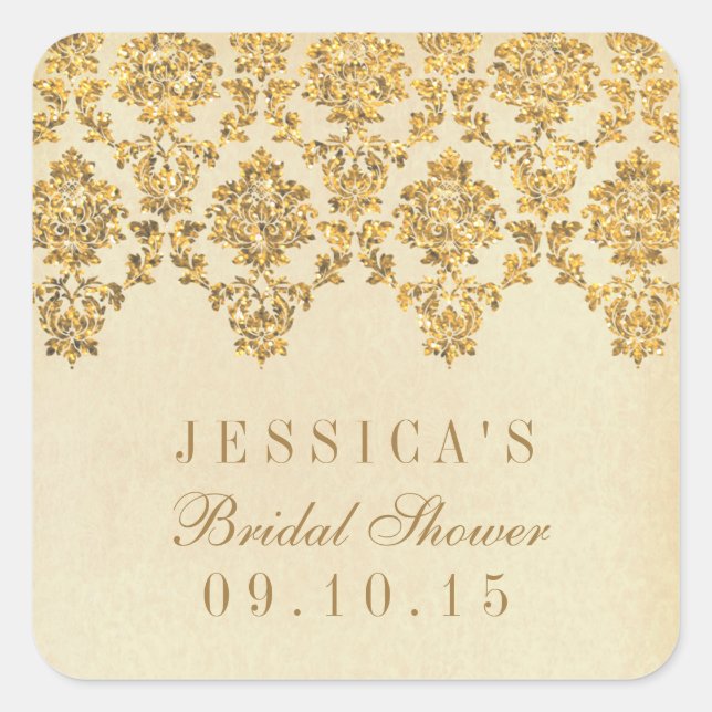 Vintage Glam Gold Damask Bridal Shower Stickers (Front)