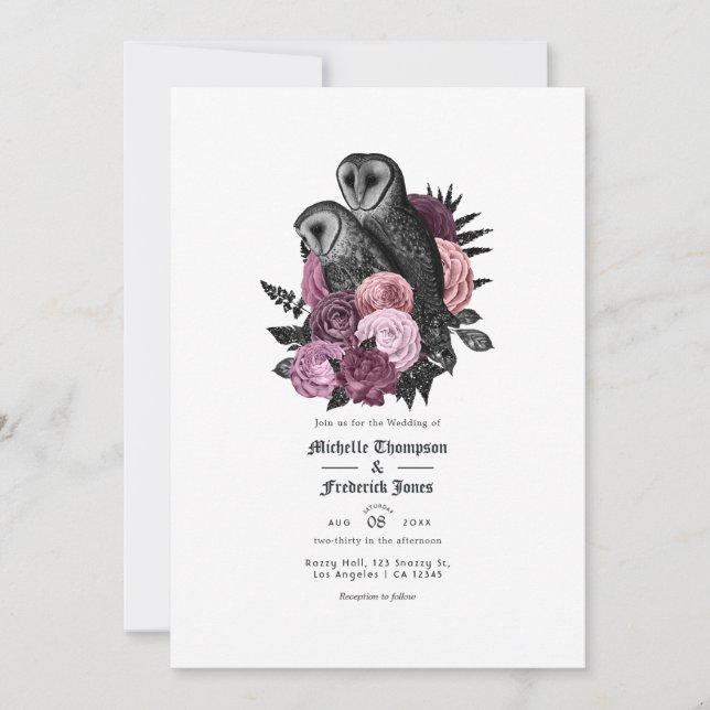 Vintage Glam Mauve Owls Gothic Wedding Invitation (Front)