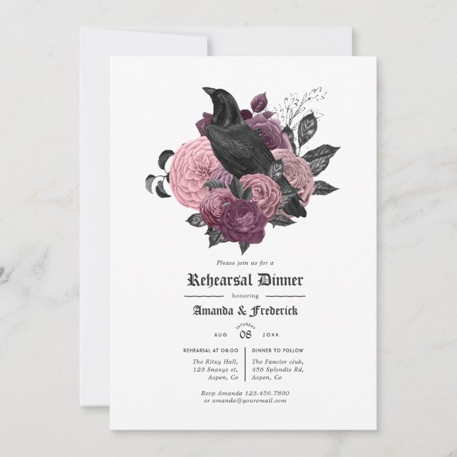 Vintage Glam Mauve Raven Gothic Rehearsal Dinner Invitation (Front)