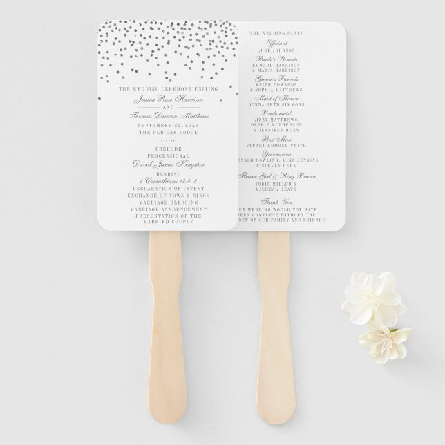 Vintage Glam Silver Confetti Wedding Program Hand Fan (Front and Back)