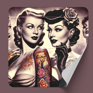 Vintage Glam Tattoo Pinups Square Paper Coaster