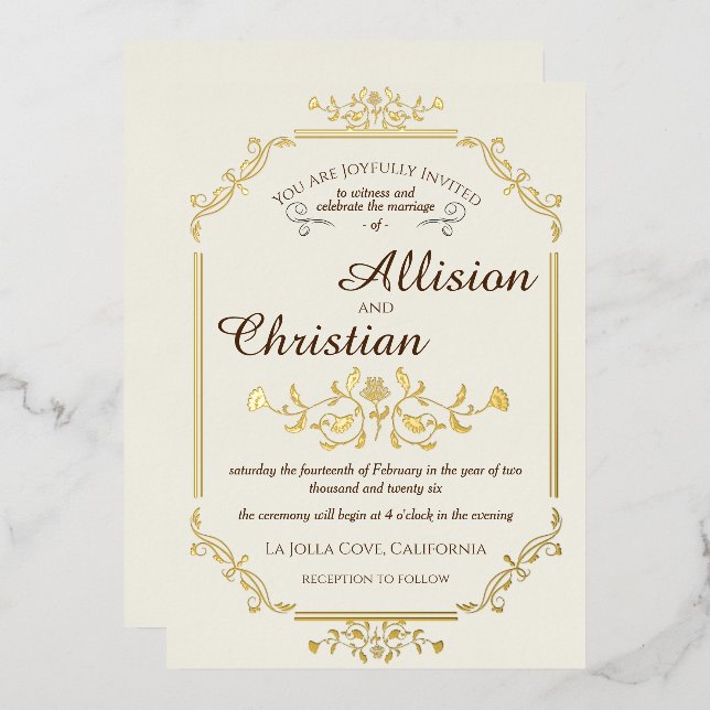 Vintage Glam Wedding Gold Foil Invitation (Front/Back)