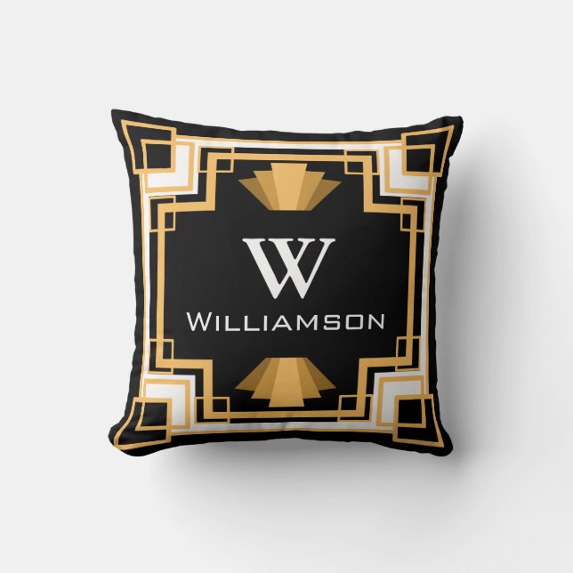 Vintage Glamour 1920s Gold & Black Geometric Throw Pillow (Front)