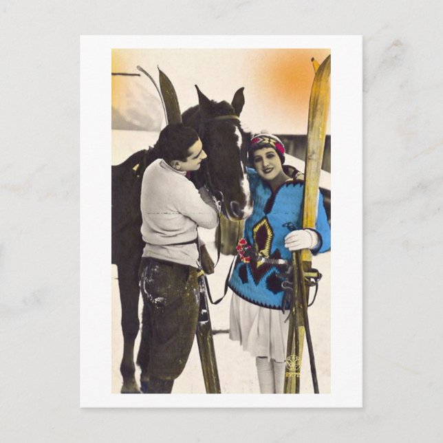 Vintage Glamour Girl - Love Skiing & Horse Postcard (Front)