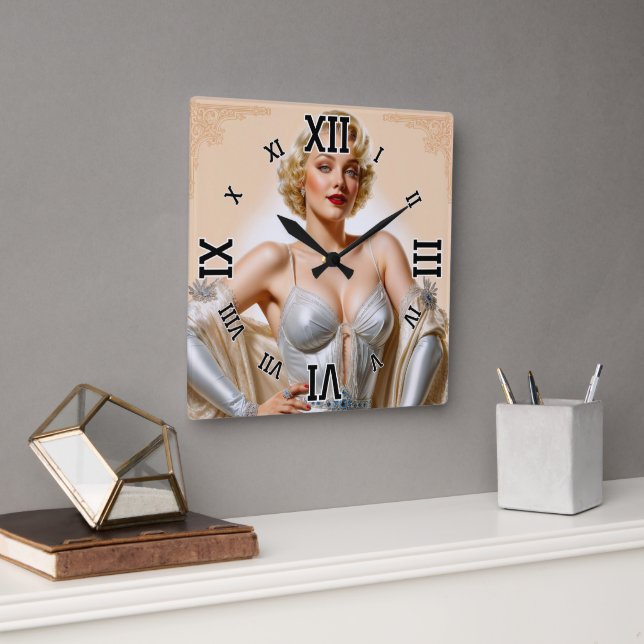 Vintage Glamour Hollywood Blonde Beauty Square Wall Clock (Office)
