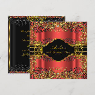 Vintage Glamour Red & Gold Swirl Birthday Party Invitation